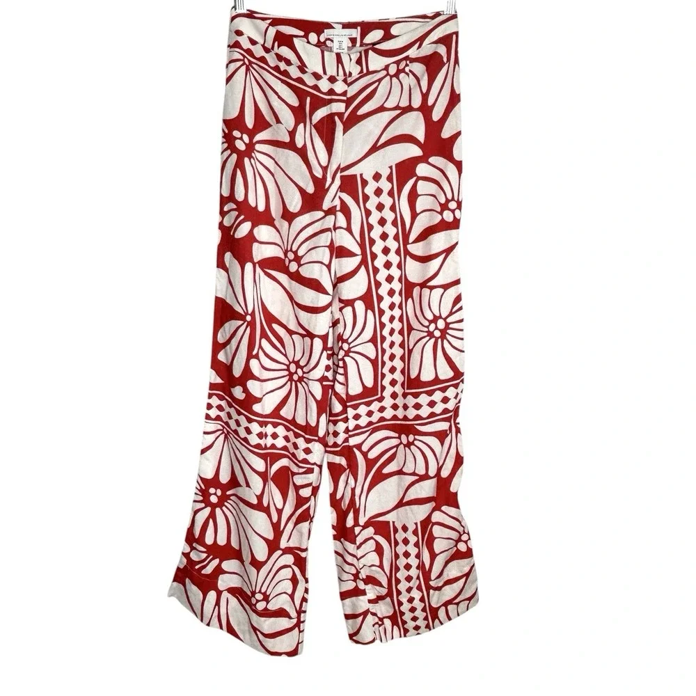 H&M Tropical Wide Leg Pants Sz 4 Boho Retro Floral Linen Blend Resort Vacation